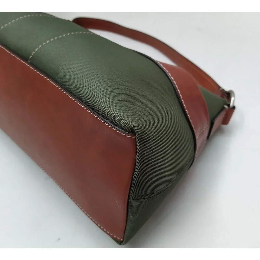 Fossil Oliver Green Nylon Leather Trim Zipper Closure Hobo Shoulder Bag